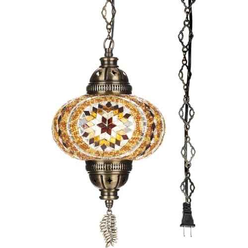 DEMMEX Plug-in Turkish Moroccan Mosaic Hanging Pendant Ceiling Light ? Swag Lamp Fixture with 15ft Cord & Chain, Handcrafted Glass, Tiffany Style, Mediterranean Decor (Amber Brown)