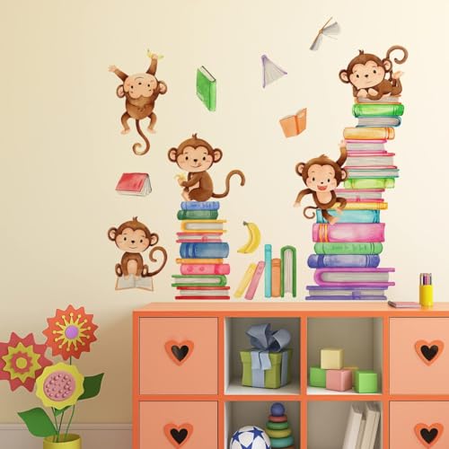 Monkey Wall Decals Animals Monkey Reading Books Wall Stickers for Baby Nursery Bedroom Classroom Wall Decor