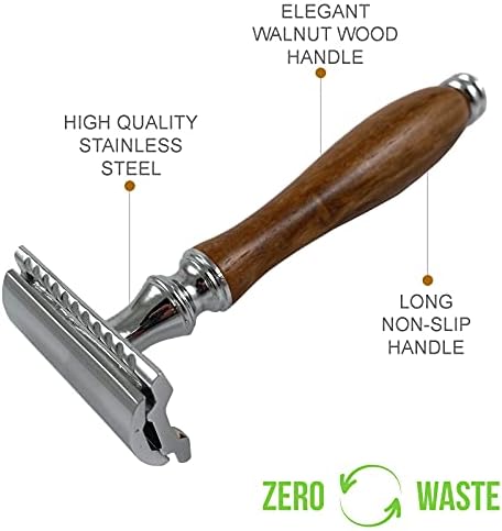 (4.5 Inch) Long Wood Handle Safety Razor for Men Women - Double Edge Manual Razor - Fits All Double Edge Razor Blade - Comes With 5 Shaving Blades, Brown