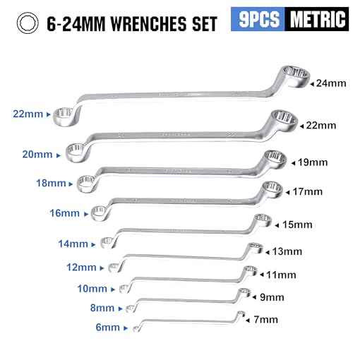 Metric Wrench Set 9 PC 6-24mm Wrench Sets 75-Degree Double Offset Box End Spanner Wrench Set CR-V Steel with Rolling Pouch
