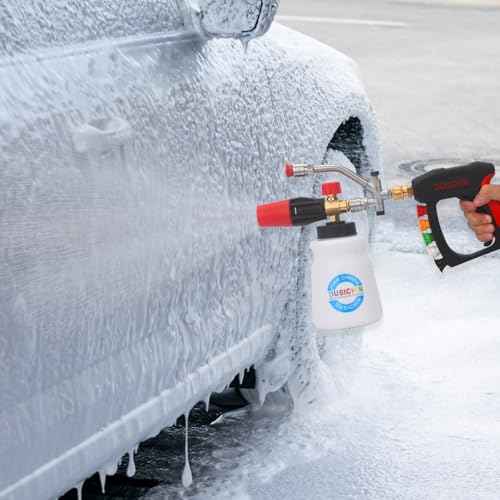 DUSICHIN Short Wand Pressure Washer Gun Foam Cannon 1/4" Quick Connector Pressure Washer Accessory,Car Wash Foam Gun Dual Ended Shift Connector 5 Pressure Washer Nozzles M22-14, M22-15 Brass Fittings