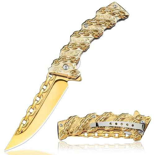 NedFoss CHAIN Pocket Knife, Mothers Day Christmas Gifts for Mom Dad Wife Husband, 3.5 inch Folding Knives, Cool knives with 3D Pattern Handle, Personalized Pocket Knife Gifts For Men Women (Gold)