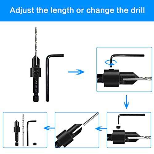 3-pc Countersink Drill Bit Set #10#12#16, 3in1 Woodworking Counterbore Hole Saw Drill Bits, Depth Adjustable M2 Pilot Drill Bits, 82-Degree Chamfer, 1/4¡± Hex Shank, with 1 Allen Wrench