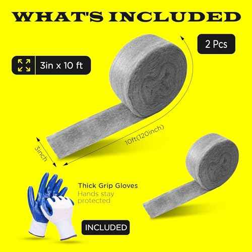 Wool - 2 Pack 3" x 10ft Steel Wool with Gloves, Ideal for Sealing Gaps and Holes in Home, Garage, Pipes, and Vents