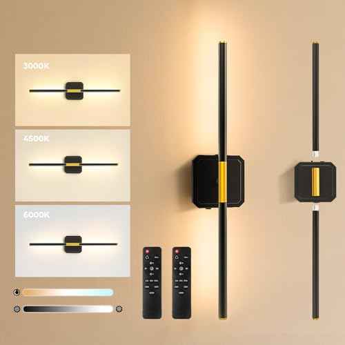 Battery Operated Wall Sconces Set of 2, Detachable 360¡ÆRotate Wall Lamps, 3000-6500K Dimmable with Remote Control, 10000mAh Rechargeable Wall Lights for Bedroom, Living Room, 28" Black Gold