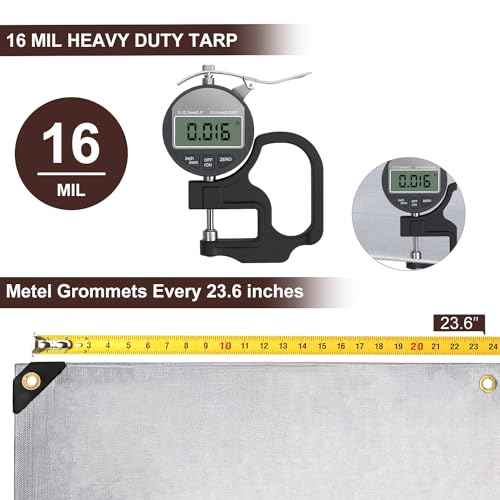 Tarp 10x20FT, Extra Thick 16Mil Heavy Duty Waterproof Tarps with Brass Grommets and Reinforced Edges, Tear & Fade Resistant, 100% UV Blocking Outdoor Tarp for Roof Camping Patio Pool Boat (Silver)