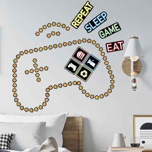 Glow in The Dark Neon Game Wall Stickers, EAT Sleep Game Repeat Wall Decals, Luminous Stars Gaming Boy Room Decor, Kids Bedroom Playroom Nursery Party Decorations