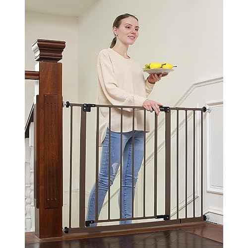 InnoTruth 28.9-42.1" Baby Gate with Door for Dogs, 30" Tall Pressure Mounted Dog Gates for The House Expandable One-Hand Open, Easy Step Walk Through Dual Lock Durable Metal Safety Pet Gates, Brown