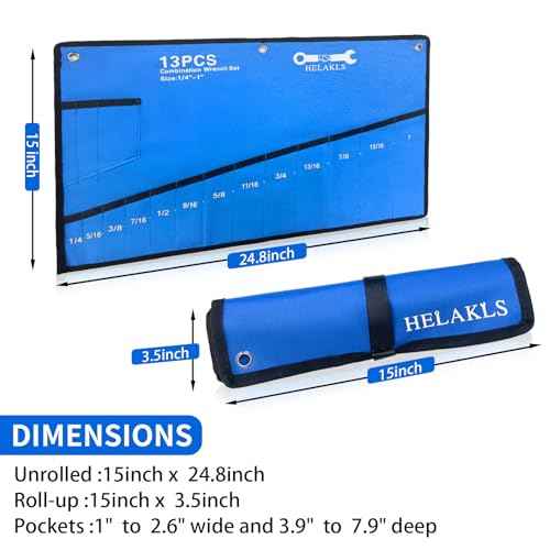 Wrench Organizer Roll Up Pouch - SAE & Metric Wrench Tool Bag - 25 Pockets - Heavy Duty Canvas - Blue