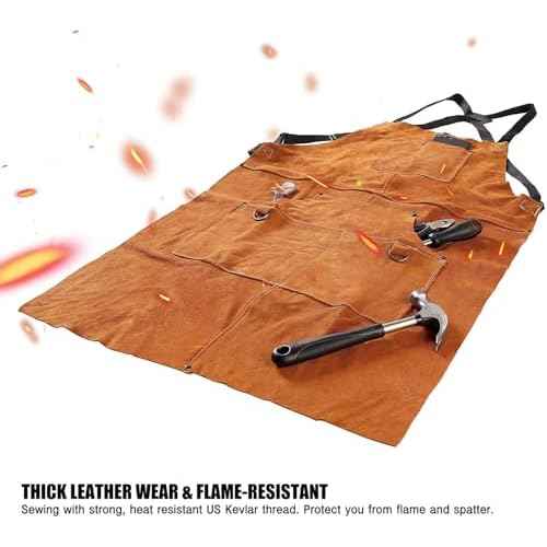 QeeLink Leather Welding Work Apron with 6 Tool Pockets, Heat & Flame Resistant Aprons, 24" x 36", Adjustable M to XXXL