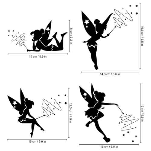 Tinkerbell Lightswitch Vinyl Decal Sticker, 4 Pack Fairy Sticker for Light Switch, Outlets or Any Ledge, Removable Cute DIY Mural Wallpaper Wall Laptop Computer Vehicle Bedrooms or Nursery (Black)
