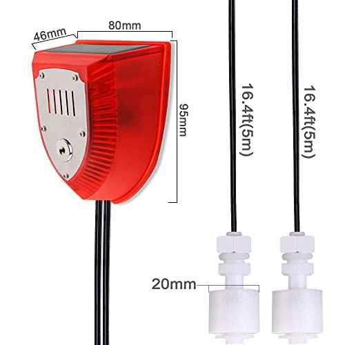 Solar Water Level Sensor, High/Low Water Level Alarm with Dual Probe, 129 dB Red Strobe Siren with Adjustable Volume, Bobber Water Detector, 16.4ft Detect Cord, IP55 Waterproof for Indoor /Outdoor