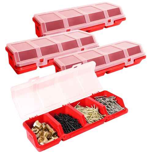 4 Pcs Screw Organizers, Stackable Bins with Lids Plastic Hardware Organizer Box with Compartment Bolt Organizer Plastic Divided Storage Containers for Garage Tools Nails Small Parts (RED)