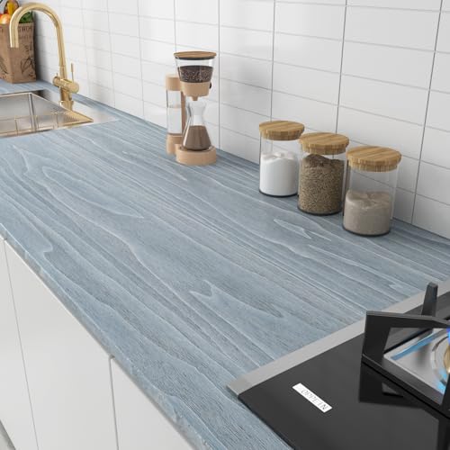 Livelynine Light Blue Wood Wallpaper Peel and Stick Wood Grain Contact Paper for Countertops Cabinets Desk Cover Kitchen Countertop Vinyl Wrap Waterproof Adhesive Cabinet Wall Paper Liner 15.8x78.8