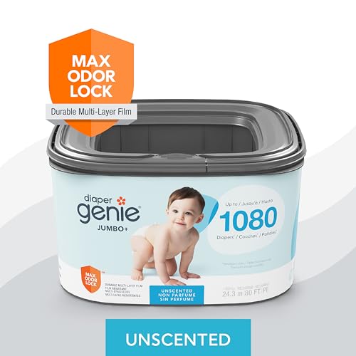 The Diaper Genie Jumbo+ Square Refill, with continuous film, can hold up to 1080 newborn-sized diapers per refill. (Pack of 2)