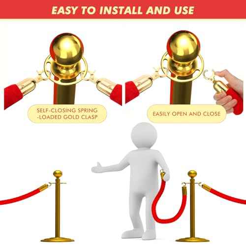 Woanger 6 Pack Velvet Stanchion Rope, 5 Feet Crowd Control Stanchion Ropes Safety Barrier with Gold Plated Hook for Carpet Events Movie Theaters Grand Openings Hotels Party (Red)