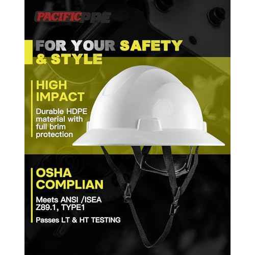 PACIFIC PPE Full Brim Hard Hat, OSHA Construction Safety Helmet Certified to ANSI Z89, 4 Point Adjustable Ratchet Suspension, Class E, G & C, White
