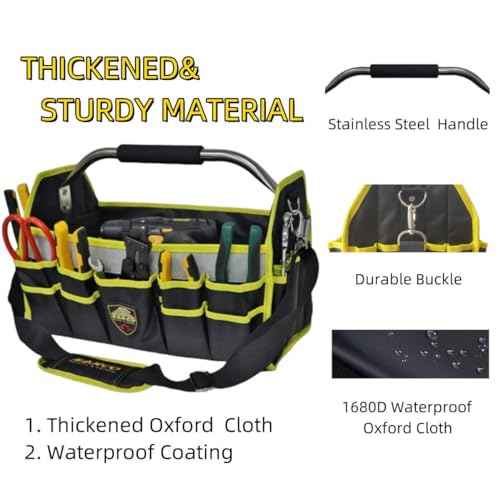 16" Open Top Tool Tote, 1680D Durable Tool Organizer for Plumber, Electrician, HVAC Technicians. Trade Professionals Tool Bag, Tool Bag with Detachable Strap (Yellow with SS Handle, 16 Inches)