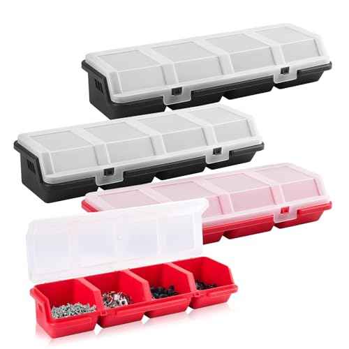 4 Pack Screw Organizer Box with Lids, 4 Compartments Tool Bin Stackable Sorting Screw Toolbox for Garage Nails Hardware Workbench Organizing Storage, Red & Black