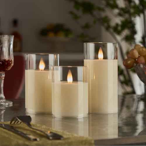 Glass Flameless Pillar Candles Flickering with Remote Timer, Battery Operated LED 3D Moving Flame Real Wax Candles,Remote Included (Ivorywhite)
