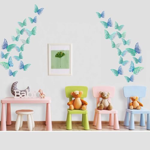3D Blue Teal Butterfly Decorations Stickers,Butterfies Wall Art Wedding Decor Removable Wall Murals Decals for Living Room Babys Bedroom Birthday Party Butterfly Decoration Nursery Art Decor (48 Pcs)