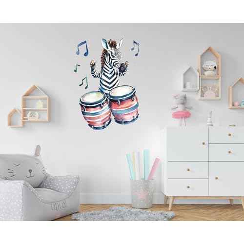 Zebra Play Drum Decal Wall Stickers, Fun Animals Decor Music Vinyl Waterproof Peel Removable Wall Decor for Nursery Kids Baby Bedroom Preschool Playroom Classroom