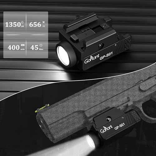 1350 Lumens Compact Weapon Light Flashlight, Only LED Light Without Laser Aircraft Grade Aluminum Subcompact Pistol Light, Adjustable Rail-Mounted Handgun Light, Type-C Rechargeable (GP-S01)