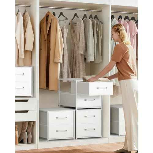 Stackable Storage Drawers - 2 Tier Closet Drawers, Closet Organizer with Metal Handles, Night Stand with Collapsible Bins, Fabric Dresser for Bedroom, Dorm, Office, White, 1 Pack