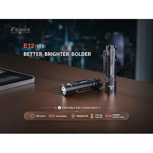 Fenix E12 V3 200 Lumen Compact LED AA Battery EDC Flashlight with EdisonBright AA Battery Carrying case