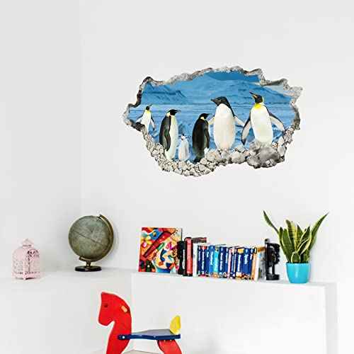 3D Wall Hole View Penguins Wall Decal Peel and Stick Animal Penguins Wall Mural Sticker for Kids Room Bedroom Playroom Wall Decor