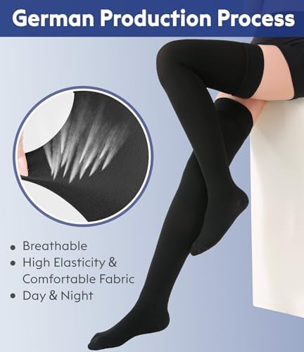 Thigh High Compression Stockings Closed Toe for Men & Women, Opaque, KEKING 15-20mmHg Graduated Compression Leg Support Hose with Silicone Band - Swelling, Varicose Veins, Edema, DVT, Black X-Large