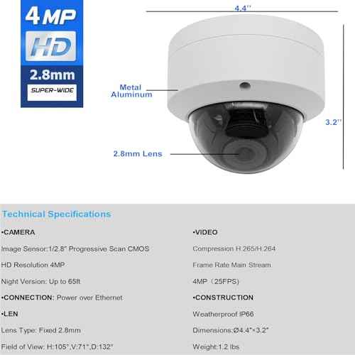 4MP PoE IP Vandal Dome Camera Outdoor/Indoor, IP Security Camera, 65ft Night Vision, IP66 Waterproof, 2.8mm Wide Angle Lens, 24/7 Recording, NDAA Complaint (Regular IR)