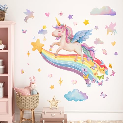 Yovkky Unicorn Rainbow Wall Decals Stickers, Cloud Stars Love Hearts Butterfly Toddler Baby Nursery Decor, Home Decorations Girls Kids Bedroom Playroom Art