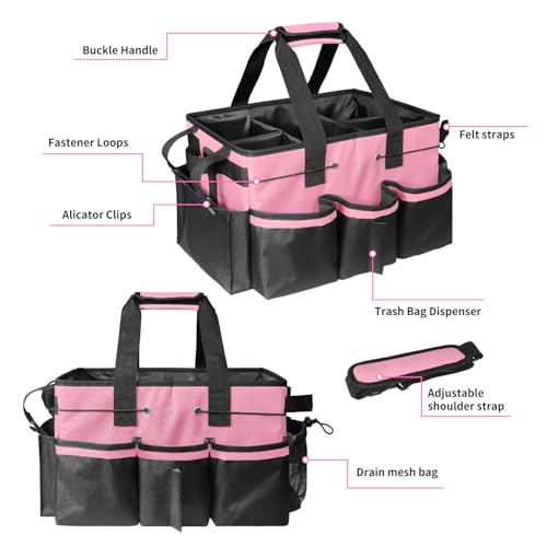 Grekos Wearable Cleaning Caddy Bag, Cleaning Caddy Suppliers Organizer with 4 Foldable Dividers, Handle & Shoulder Straps Cleaning Tool Organizers for Cleaners & Housekeeper (Pink)