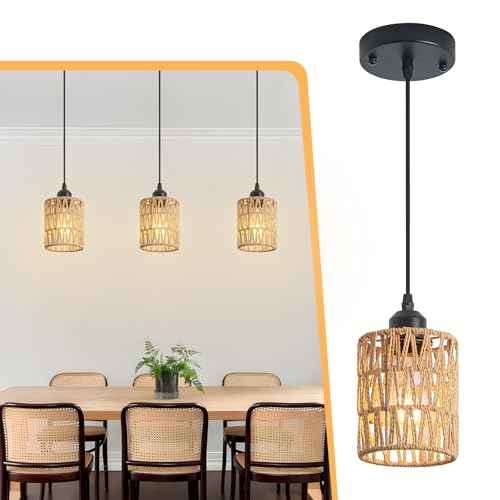 3 Pack Rattan Chandelier Pendant Lights Kitchen Island,Farmhouse Boho Chandeliers Adjustable Height Hanging lamp for Dining Room,Kitchen Ceiling Light Fixtures with Hand Woven Wicker Lampshade