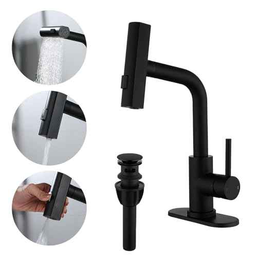 TRIPHIL Waterfall Bathroom Faucets with 3 Mode Pull Down Sprayer,Single Handle Modern Bath Sink Faucet with Pop Up Drain and Deck Plate,Matte Black 1 Hole RV, Bar,Restroom,Lavatory,Vanity Tap
