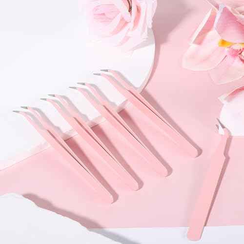 9 Pcs Precision Tweezers, Stainless Steel Craft Tweezers for Crafting, Curved Tweezer Multipurpose Pointed Long Tweezer for Crafting DIY Bead Jewelry Making, Scrapbooking, Crafts, Nail Art (Pink)