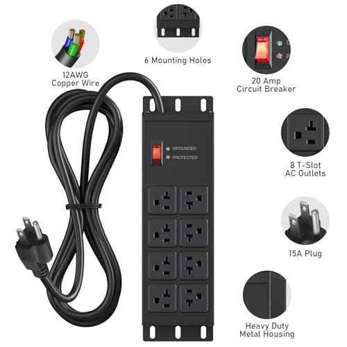 JUNNUJ Heavy Duty 20 Amp Surge Protector 4800J, Garage Metal 8 Outlets 12 Gauge, High Amp 5-15P Adapter Shop 6-20R T-Slot Industrial Outlet, 10 FT Extension Cord Commercial for Appliance