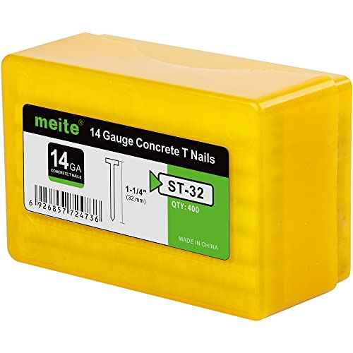 meite 14 Gauge Concrete Nails 400PCS 1-1/4" Length T Nails for Concrete Nailer Galvanized Rust-Proof T-Nails for Pneumatic Nail Gun Furring Strips