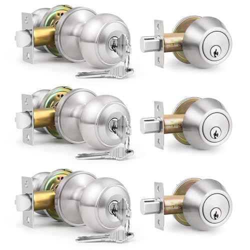 3 Pack Keyed Alike Front Door Knob and Deadbolt Set, Entry Door Locksets with Single Cylinder Deadbolt, Satin Nickel Flat Round Door Lock Set for Bedroom/Office/Exterior Doors