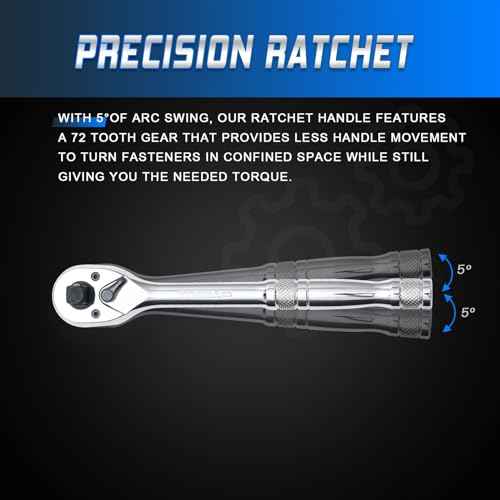 3-IN-1 Ratchet Handle,1/4",3/8",1/2" Drive Ratchet Wrench,72-Tooth Reversible Switch,Full-Polished Chrome Plating,Chromium Vanadium Steel,3/8 Pole