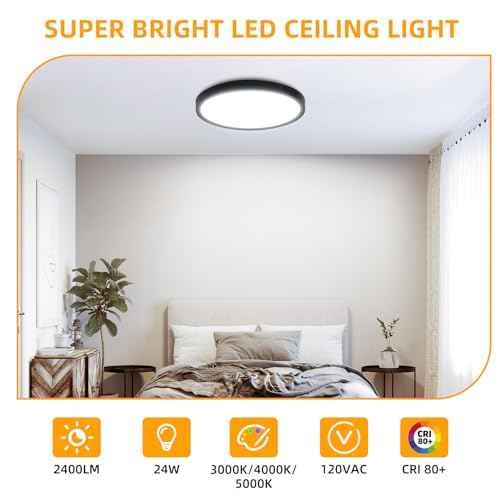 Hlite 4pack 12 inch Flush Mount LED Ceiling Light Fixture,24W 2400LM Super Slim Light Fixtures Ceiling Mount 3000K/4000K/5000K 3CCT Selectable,Ceiling Light Fixtures for Kitchen,Bedroom (Black)