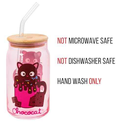 Silver Buffalo Sanrio Hello Kitty & Friends Chococat Chocolate Pink Glass Jar Tumbler with Bamboo Lid and Glass Straw, 16 Ounces
