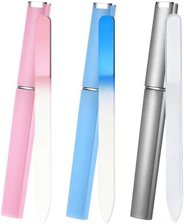 3 Pack Glass Nail File, Crystal Double Sided Etched Filing Surface Finger Nail Files for Professional Manicure/Pedicure Care with Case （Blue，Sliver，Pink）