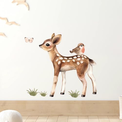 Cute Fawn and Bird Butterfly Deer Wall Stickers, sacinora Cartoon Jungle Animals Wall Decals Removable Vinyl Peel and Stick for Kids Baby Nursery Living Room Bedroom Children's Room Art Decorations