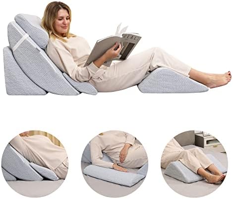 5pcs Orthopedic Bed Wedge Pillow Set, Adjustable Memory Foam, Post Surgery Foam for Back Neck & Leg Pain Relief Support, Acid Reflux, Snoring Reading, Sleeping, Sitting up, Blue
