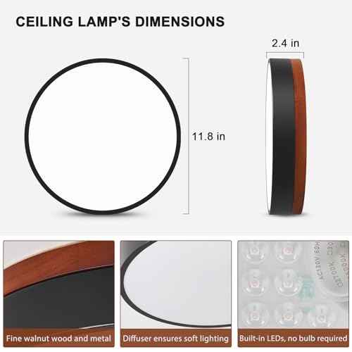 LED Ceiling Light Dimmable, Black and Wood Flush Mount Ceiling Light Fixture 5CCT in One, Minimalist Round Ceiling Lamp Modern Lighting for Kitchen, Bedroom, Hallway, Laundry Room, 11.8 Inch