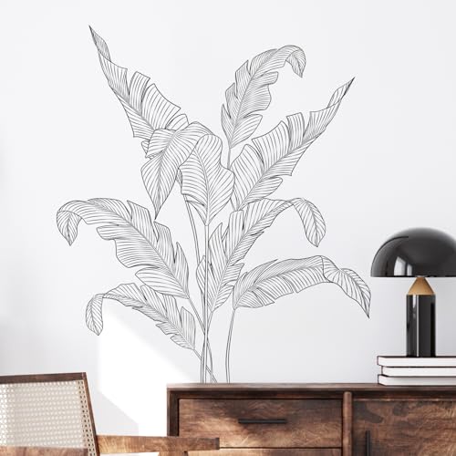 Supzone Simple Tropical Plants Wall Stickers - Black and White Sketch Palm Leaves Decals, Minimalist Line Art Decor for Bedroom, Living Room, Kitchen, Sofa, TV Backdrop Decoration