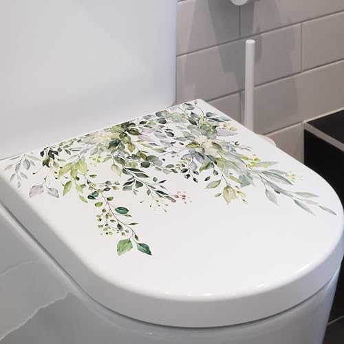 Green Plant Leaves Flowers Toilet Seat Lid Stickers-DIY Removable Waterproof Toilet Sticker for Bathroom Cistern Decor-Green Leaf Floral Toilet Lid Decals 11.8x9.8in