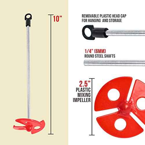 TCP Global Paint Mixer Attachment (Set of 2) - 10" Drill Paddle Mixer with 1/4" Round Shafts, 2.5" Plastic Paddles - Mix 1 Quart to 1 Gallon of Paint, Epoxy Resin, Concrete, Drywall Mud, Mortar